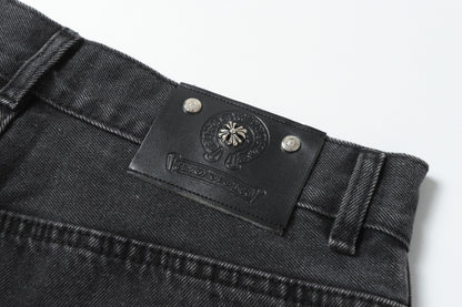 Chrome Hearts White & Black Leather Cross Patches Jeans