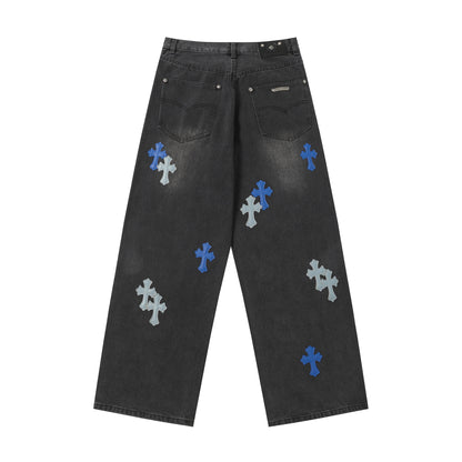 Chrome Hearts Grey & Blue Leather Cross Patches Jeans
