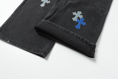 Chrome Hearts Grey & Blue Leather Cross Patches Jeans
