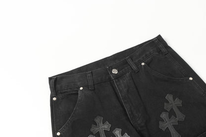 Chrome Hearts Vintage Cross Patchwork Washed Carpenter Denim Shorts 9902