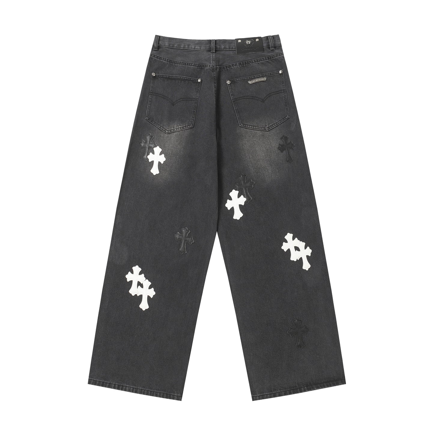 Chrome Hearts White & Black Leather Cross Patches Jeans