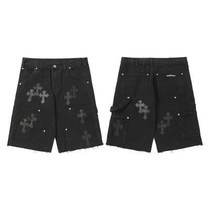 Chrome Hearts Vintage Cross Patchwork Washed Carpenter Denim Shorts 9902