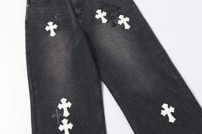 Chrome Hearts White & Black Leather Cross Patches Jeans