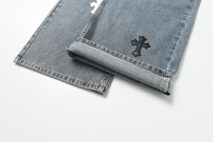Chrome Hearts White & black Leather Cross Patches Jeans