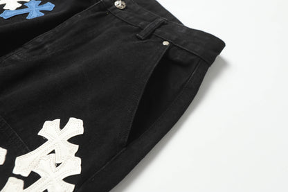 Chrome Hearts White & Blue Leather Cross Patches Jeans