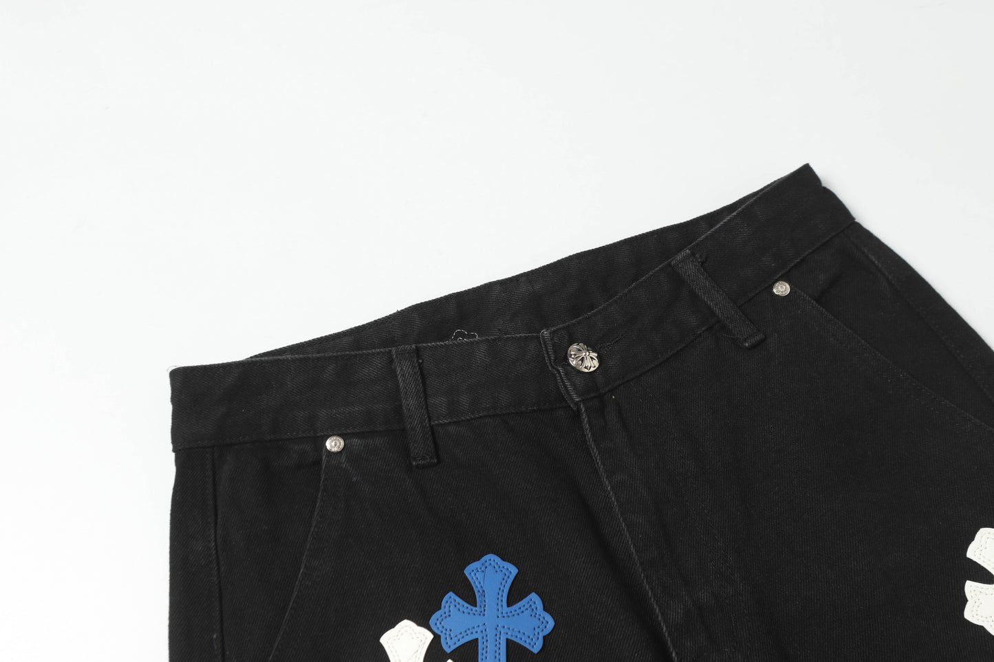 Chrome Hearts White & Blue Leather Cross Patches Jeans