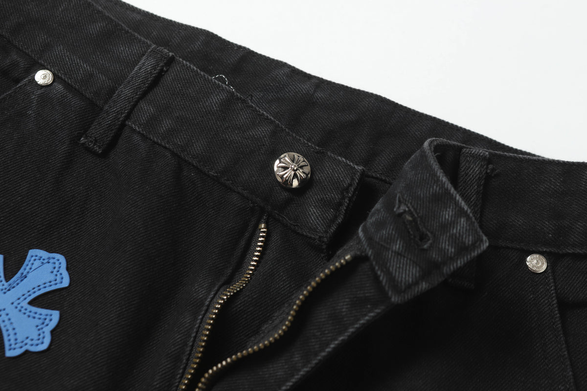 Chrome Hearts White & Blue Leather Cross Patches Jeans