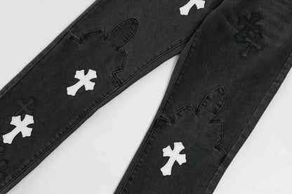 Chrome Hearts Black & White Cross Patch Flame Knee Jeans