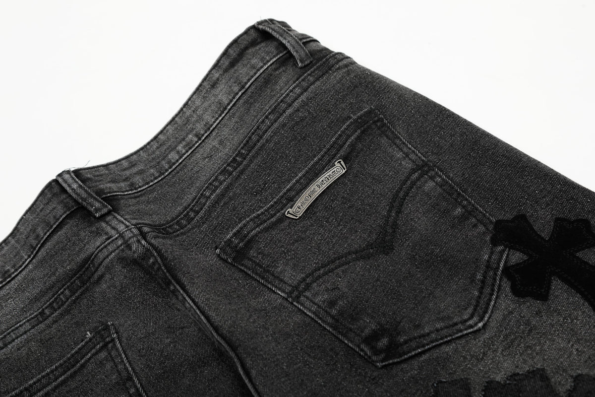 Chrome Hearts Black & Grey Silver Cross Patch Jeans
