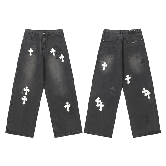 Chrome Hearts White & Black Leather Cross Patches Jeans