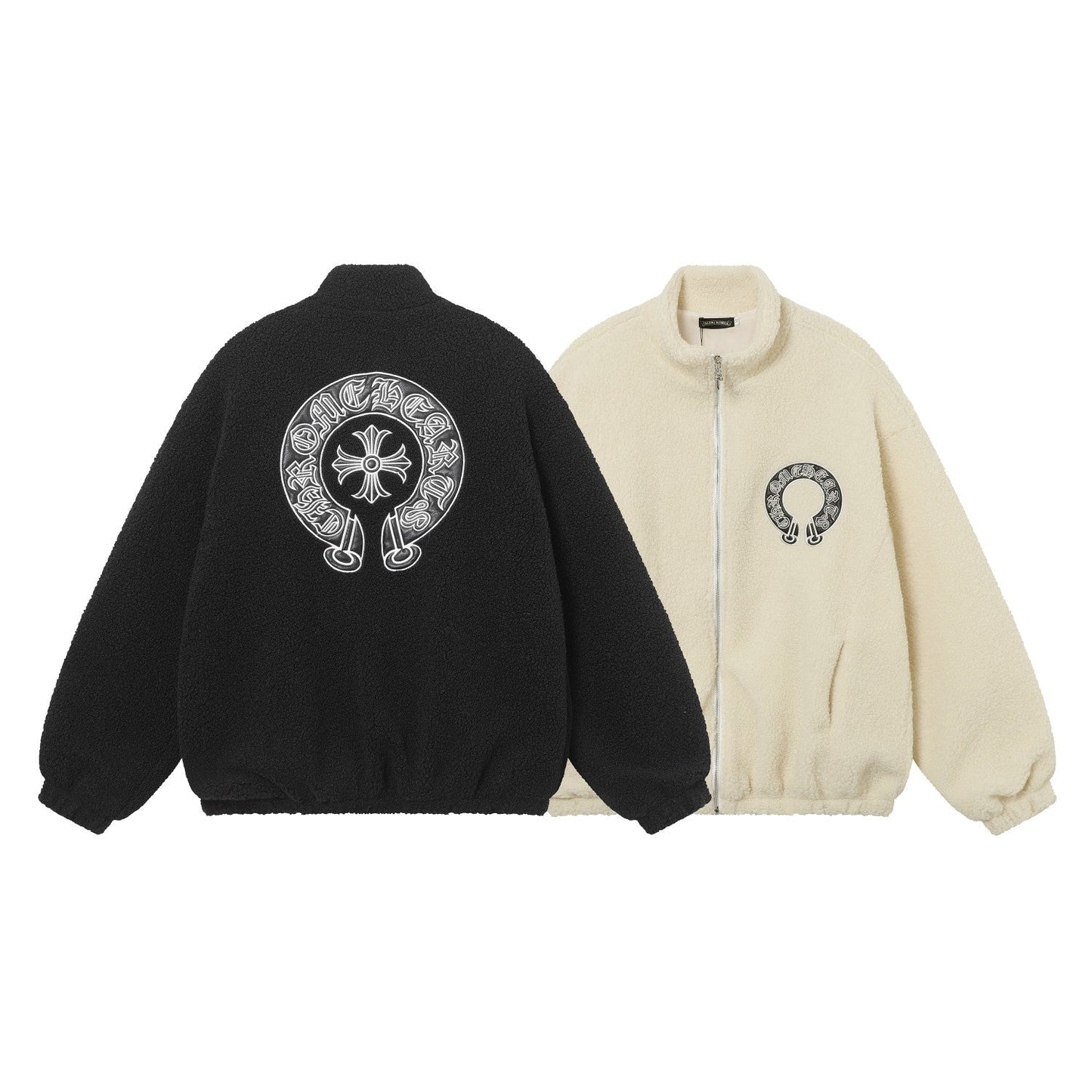 Chrome Hearts Sherpa Fleece Jacket - Gothic Cross Embroidery Black Beige Outerwear