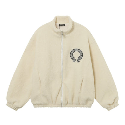 Chrome Hearts Sherpa Fleece Jacket - Gothic Cross Embroidery Black Beige Outerwear