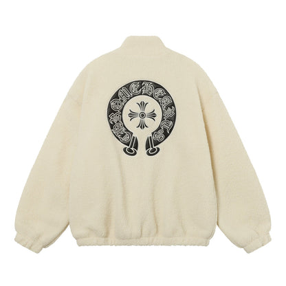 Chrome Hearts Sherpa Fleece Jacket - Gothic Cross Embroidery Black Beige Outerwear