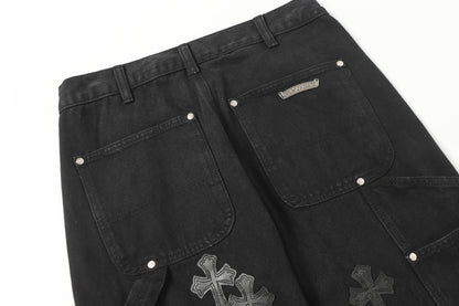 Chrome Hearts Vintage Cross Patchwork Washed Carpenter Denim Shorts 9902