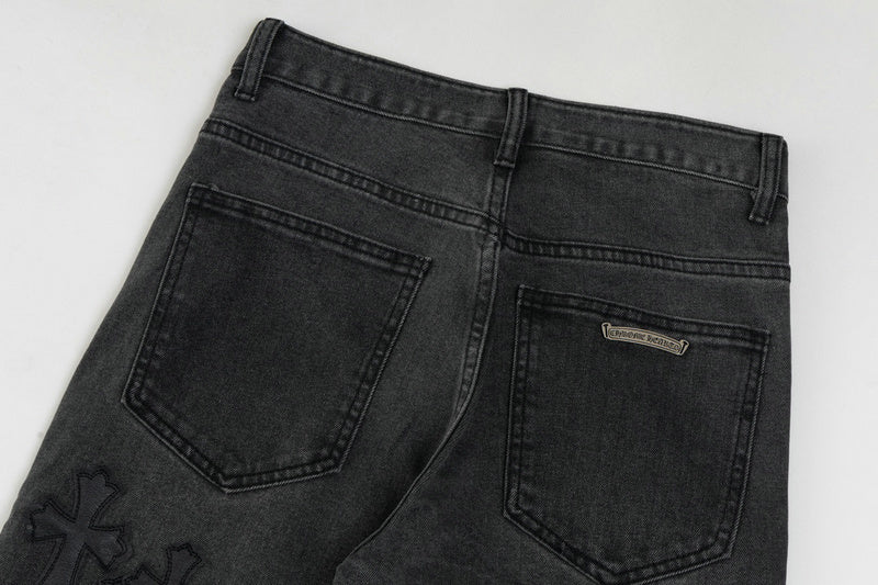 Chrome Hearts Black & White Cross Patch Flame Knee Jeans