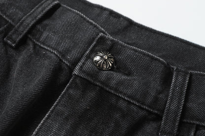 Chrome Hearts Grey & Blue Leather Cross Patches Jeans