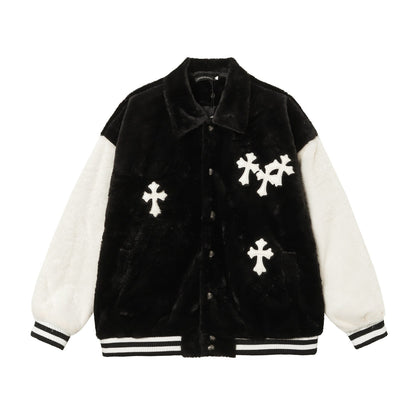 Chrome Hearts Faux Fur Cross Varsity Jacket - Black White Gothic Streetwear