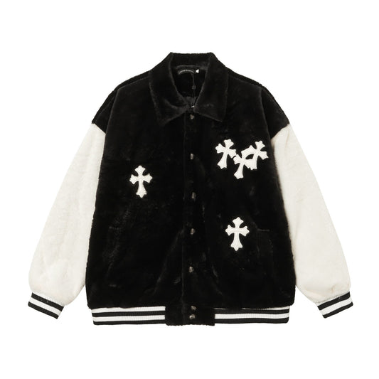 Chrome Hearts Faux Fur Cross Varsity Jacket - Black White Gothic Streetwear
