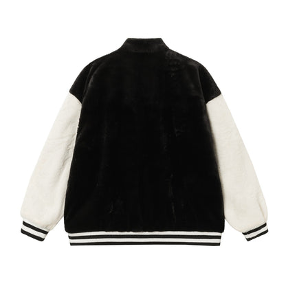 Chrome Hearts Faux Fur Cross Varsity Jacket - Black White Gothic Streetwear