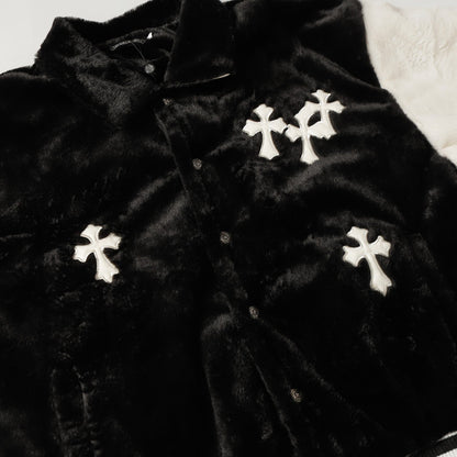 Chrome Hearts Faux Fur Cross Varsity Jacket - Black White Gothic Streetwear