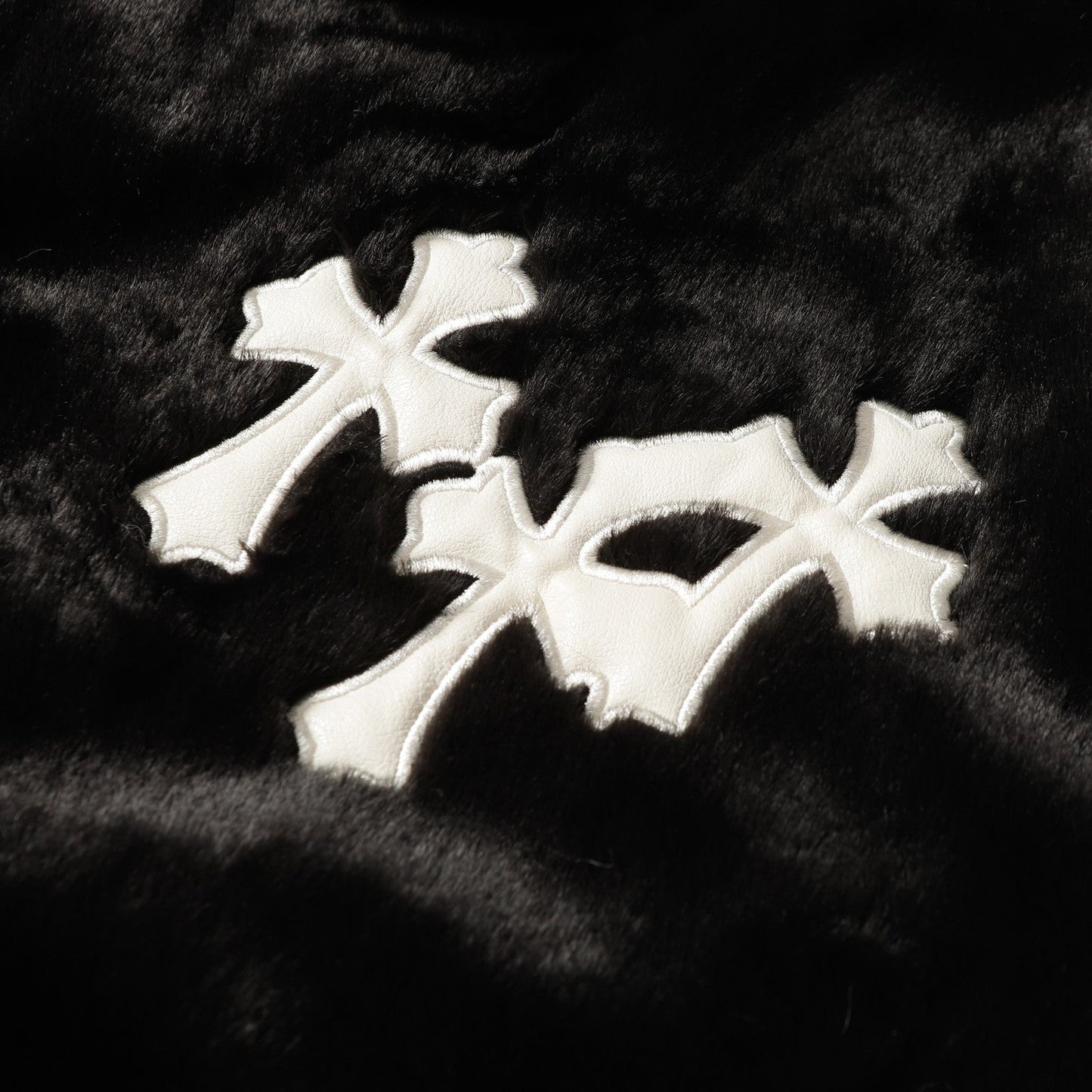 Chrome Hearts Faux Fur Cross Varsity Jacket - Black White Gothic Streetwear