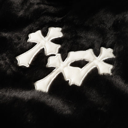 Chrome Hearts Faux Fur Cross Varsity Jacket - Black White Gothic Streetwear