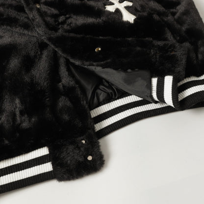 Chrome Hearts Faux Fur Cross Varsity Jacket - Black White Gothic Streetwear