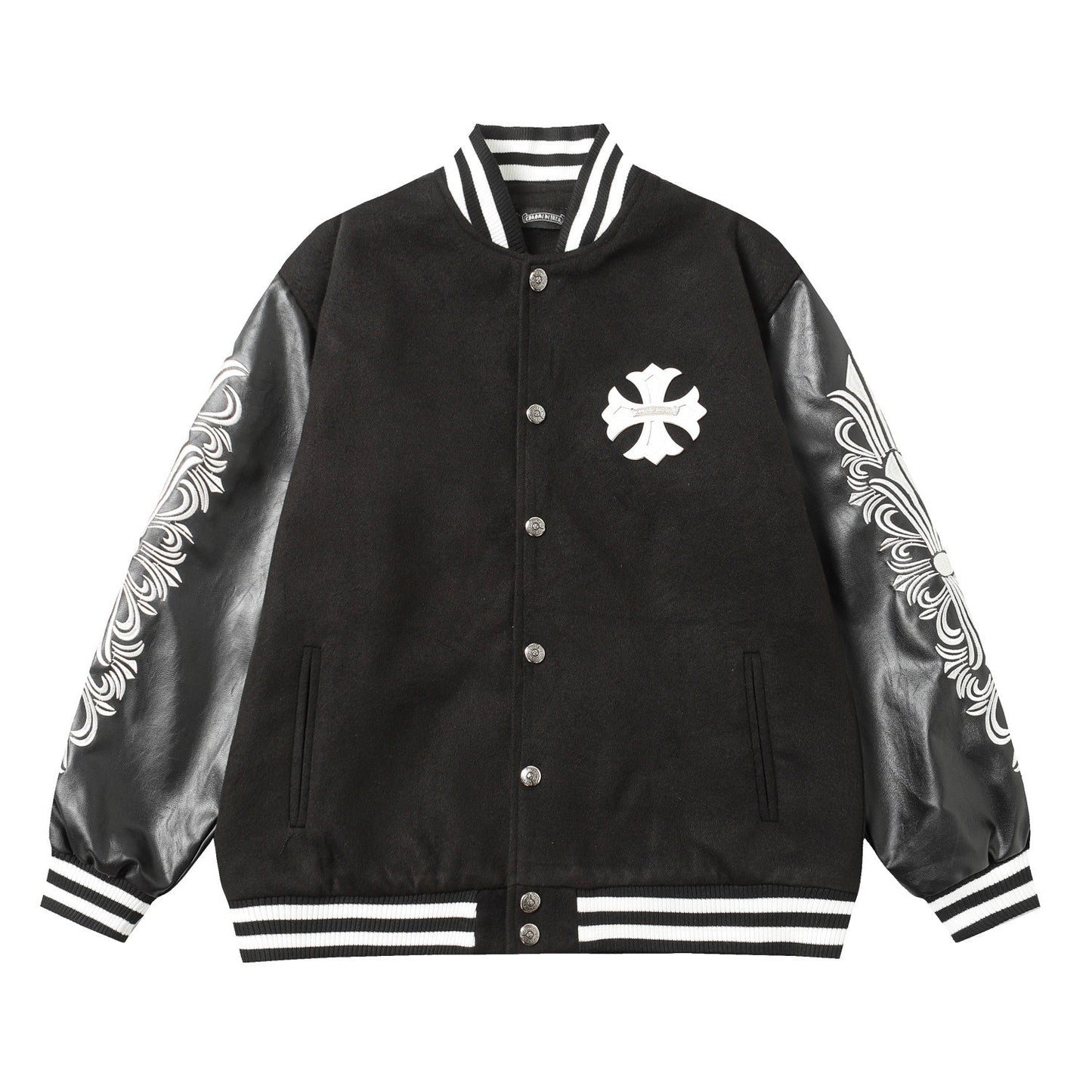 Chrome Hearts Cross Embroidered Leather Sleeve Varsity Jacket - Black Street Style