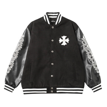Chrome Hearts Cross Embroidered Leather Sleeve Varsity Jacket - Black Street Style