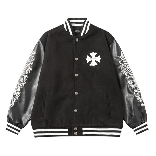 Chrome Hearts Cross Embroidered Leather Sleeve Varsity Jacket - Black Street Style