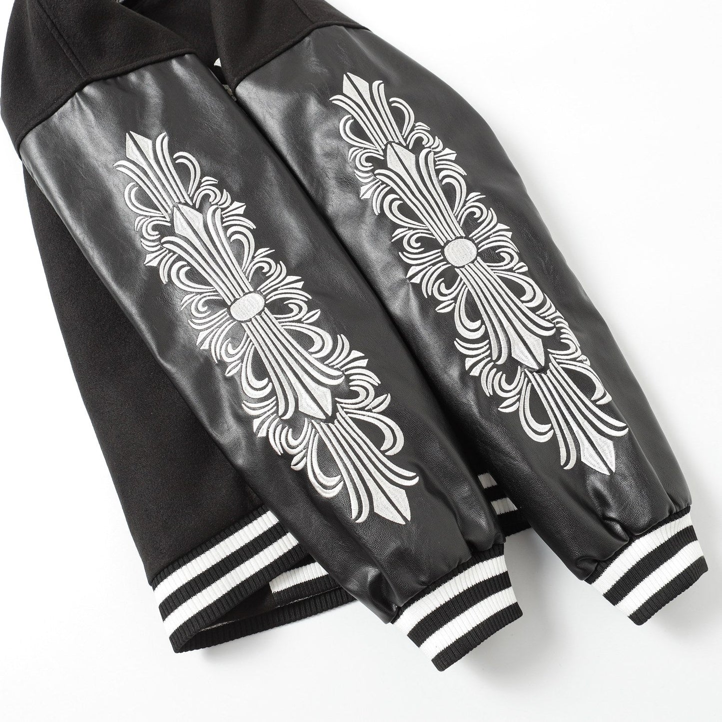Chrome Hearts Cross Embroidered Leather Sleeve Varsity Jacket - Black Street Style