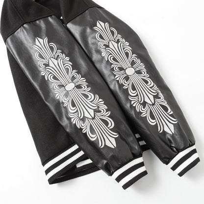 Chrome Hearts Cross Embroidered Leather Sleeve Varsity Jacket - Black Street Style