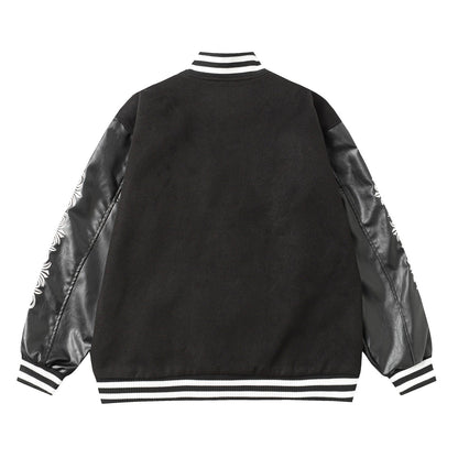 Chrome Hearts Cross Embroidered Leather Sleeve Varsity Jacket - Black Street Style