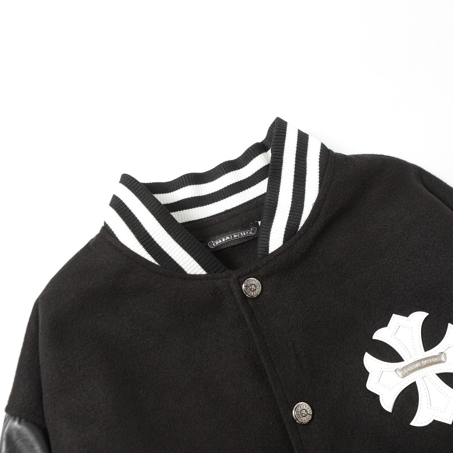 Chrome Hearts Cross Embroidered Leather Sleeve Varsity Jacket - Black Street Style