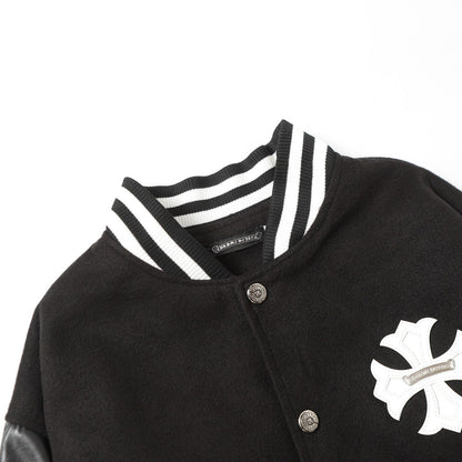 Chrome Hearts Cross Embroidered Leather Sleeve Varsity Jacket - Black Street Style