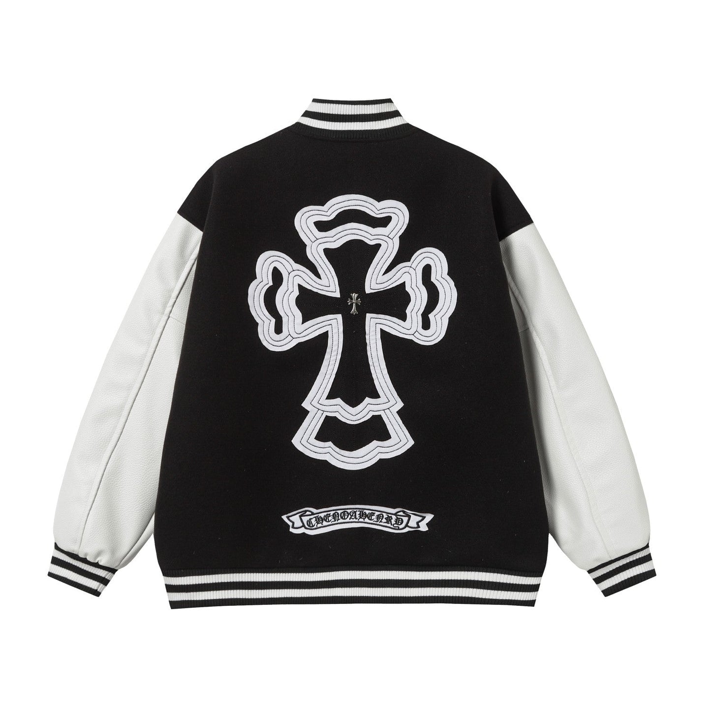 Chrome Hearts Layered Cross Varsity Jacket - Black White Street Style Outerwear