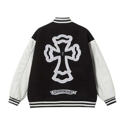 Chrome Hearts Layered Cross Varsity Jacket - Black White Street Style Outerwear