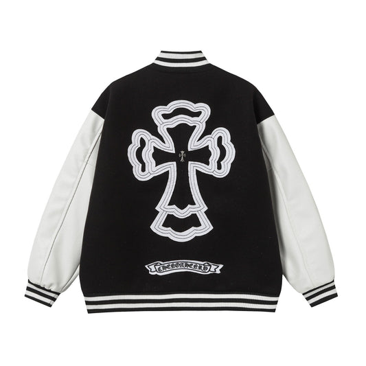 Chrome Hearts Layered Cross Varsity Jacket - Black White Street Style Outerwear