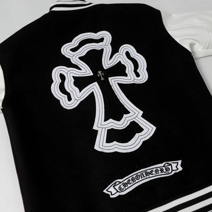 Chrome Hearts Layered Cross Varsity Jacket - Black White Street Style Outerwear