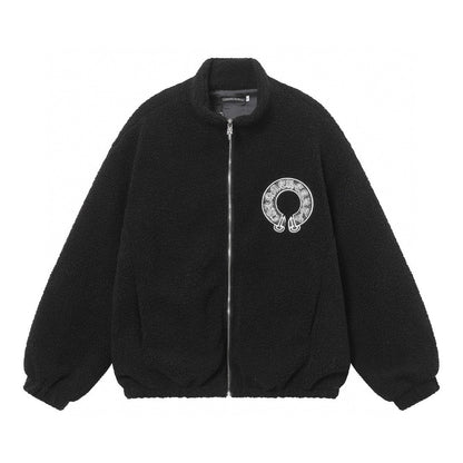Chrome Hearts Sherpa Fleece Jacket - Gothic Cross Embroidery Black Beige Outerwear