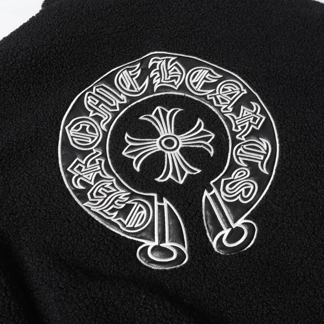 Chrome Hearts Sherpa Fleece Jacket - Gothic Cross Embroidery Black Beige Outerwear