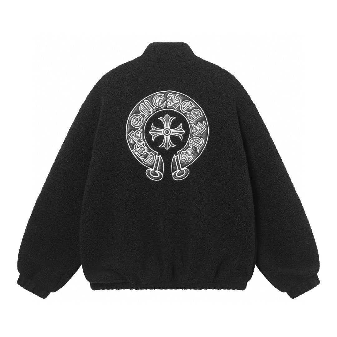 Chrome Hearts Sherpa Fleece Jacket - Gothic Cross Embroidery Black Beige Outerwear