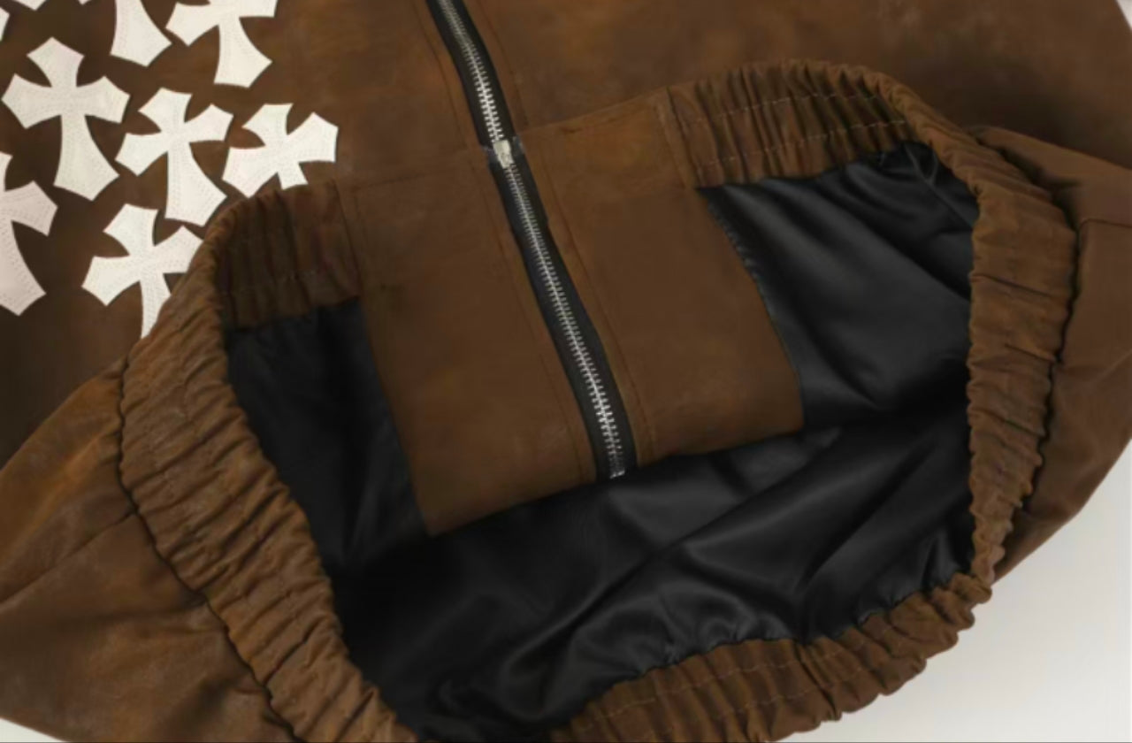 Chrome Hearts Cross Patch Suede Jacket - Brown Gothic Streetwear Outerwear