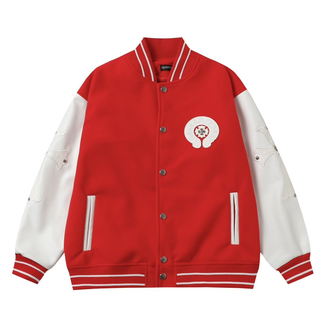 Chrome Hearts Red Cross Varsity Jacket - White Sleeve Gothic Street Baseball Coat