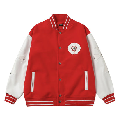 Chrome Hearts Red Cross Varsity Jacket - White Sleeve Gothic Street Baseball Coat