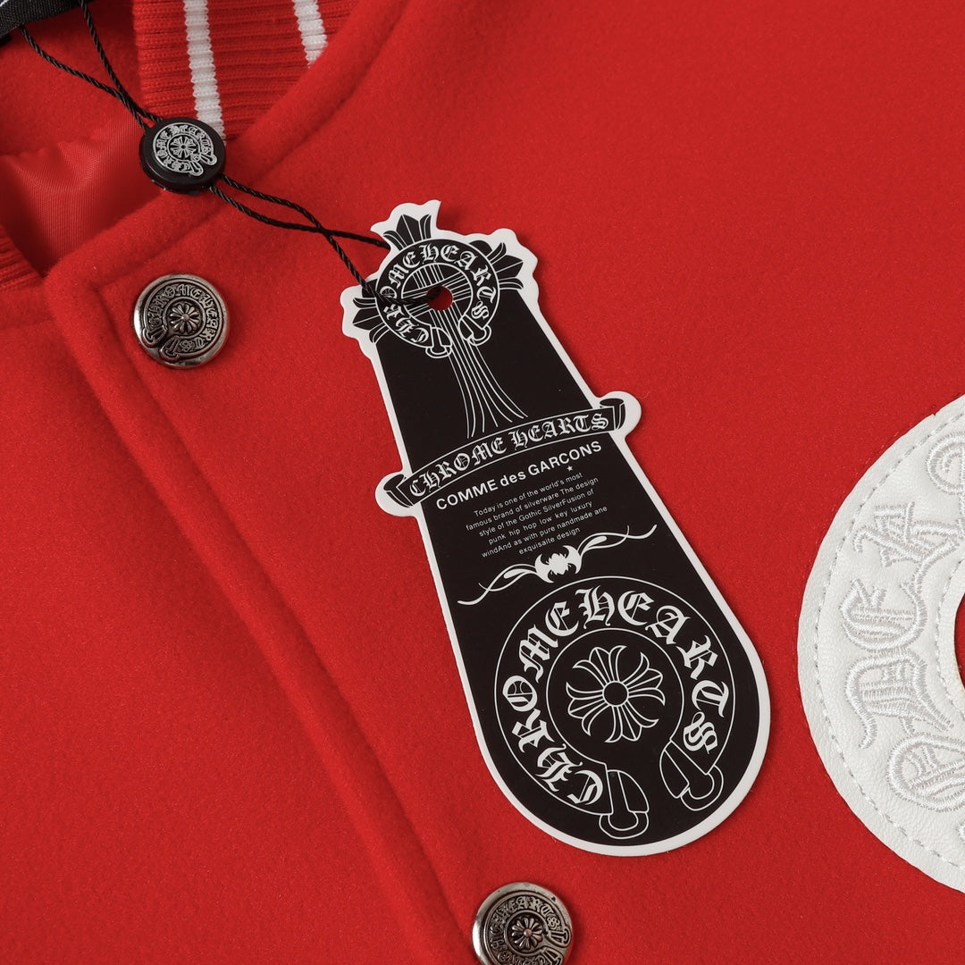 Chrome Hearts Red Cross Varsity Jacket - White Sleeve Gothic Street Baseball Coat