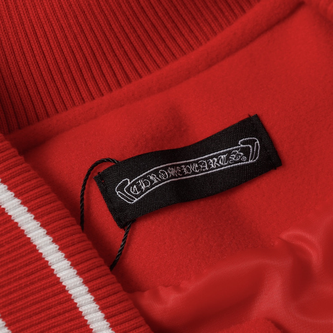 Chrome Hearts Red Cross Varsity Jacket - White Sleeve Gothic Street Baseball Coat