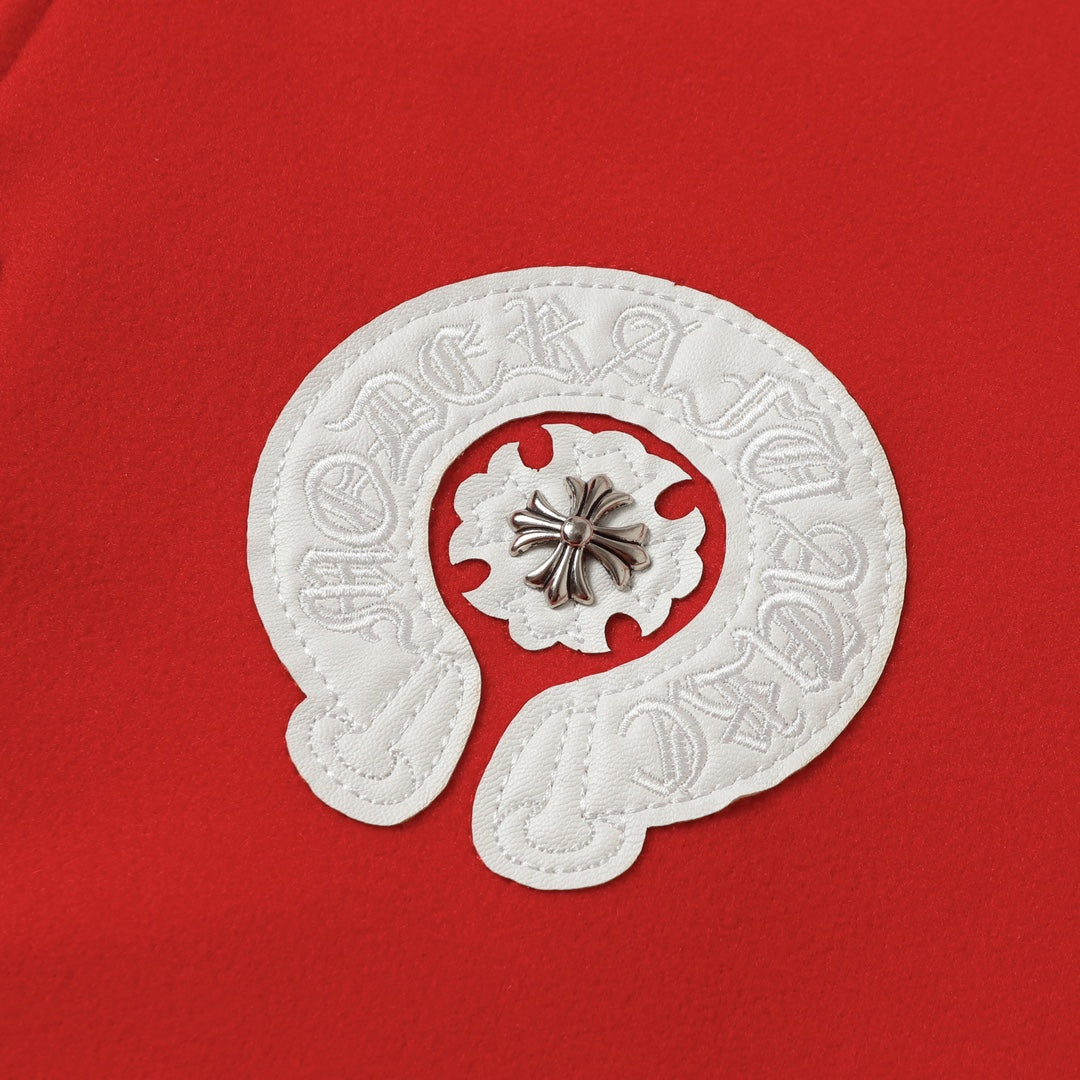 Chrome Hearts Red Cross Varsity Jacket - White Sleeve Gothic Street Baseball Coat