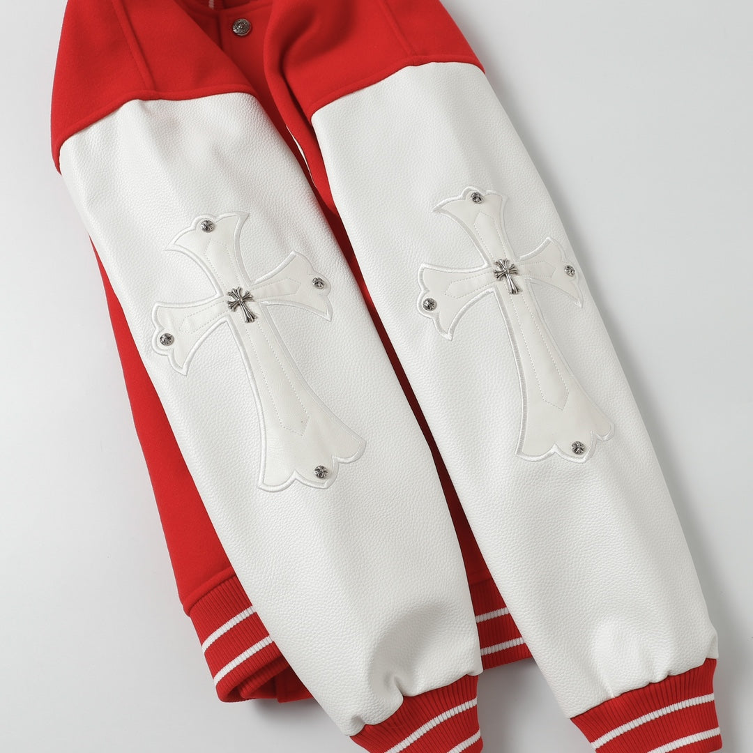 Chrome Hearts Red Cross Varsity Jacket - White Sleeve Gothic Street Baseball Coat