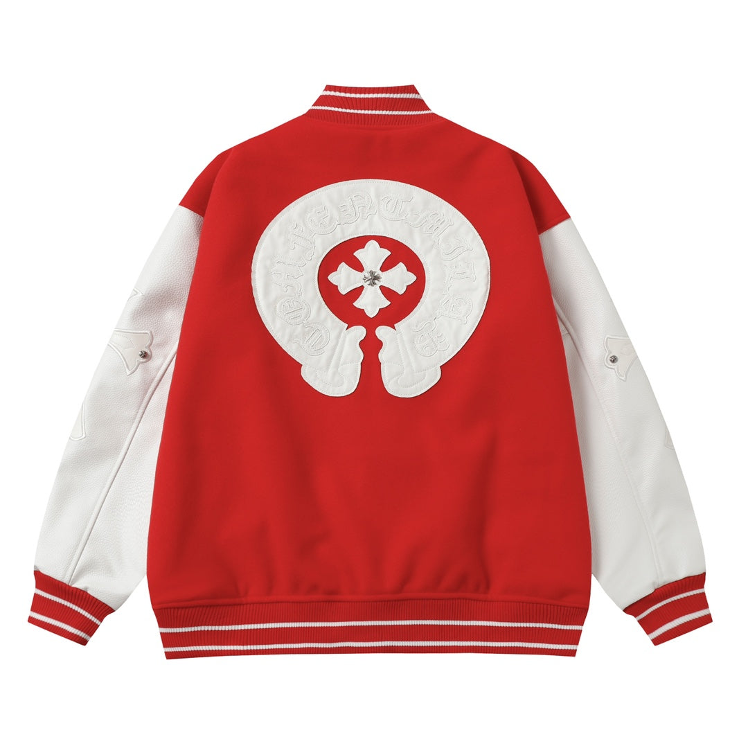 Chrome Hearts Red Cross Varsity Jacket - White Sleeve Gothic Street Baseball Coat